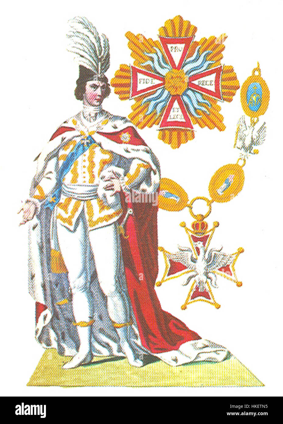 Questo dipinto raffigura un cavaliere dell'ordine dell'Aquila Bianca, che mostra l'abito cerimoniale di questo ordine polacco. L'ordine dell'Aquila Bianca è uno dei più alti onori della Polonia e il dipinto cattura la dignità e la tradizione associate a questo premio. Foto Stock