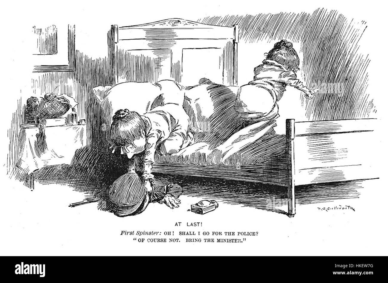 Questa illustrazione di T. S. Sullivant del 13 ottobre 1898, intitolata "porta il ministro", presenta una scena umoristica, che riflette l'approccio unico di Sullivant ai disegni satirici e stravaganti, comune alla fine del XIX secolo. Foto Stock