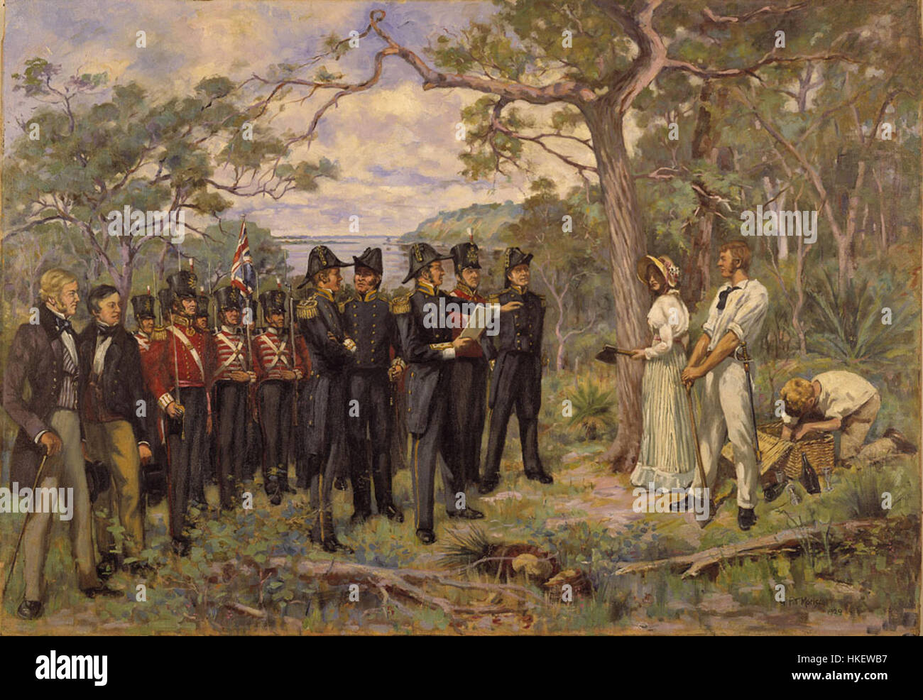 Il dipinto "Foundation of Perth" cattura i primi momenti della fondazione di Perth, una città chiave dell'Australia Occidentale. Riflette eventi storici e le origini dell'insediamento nel XIX secolo. Foto Stock