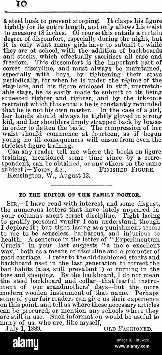 Questa pagina della rivista 'The Family Doctor', datata 31 agosto 1889, riflette le conoscenze mediche e le opinioni sociali della fine del XIX secolo. L'articolo contiene illustrazioni mediche, nonché consigli e rimedi popolari durante quel periodo. Foto Stock