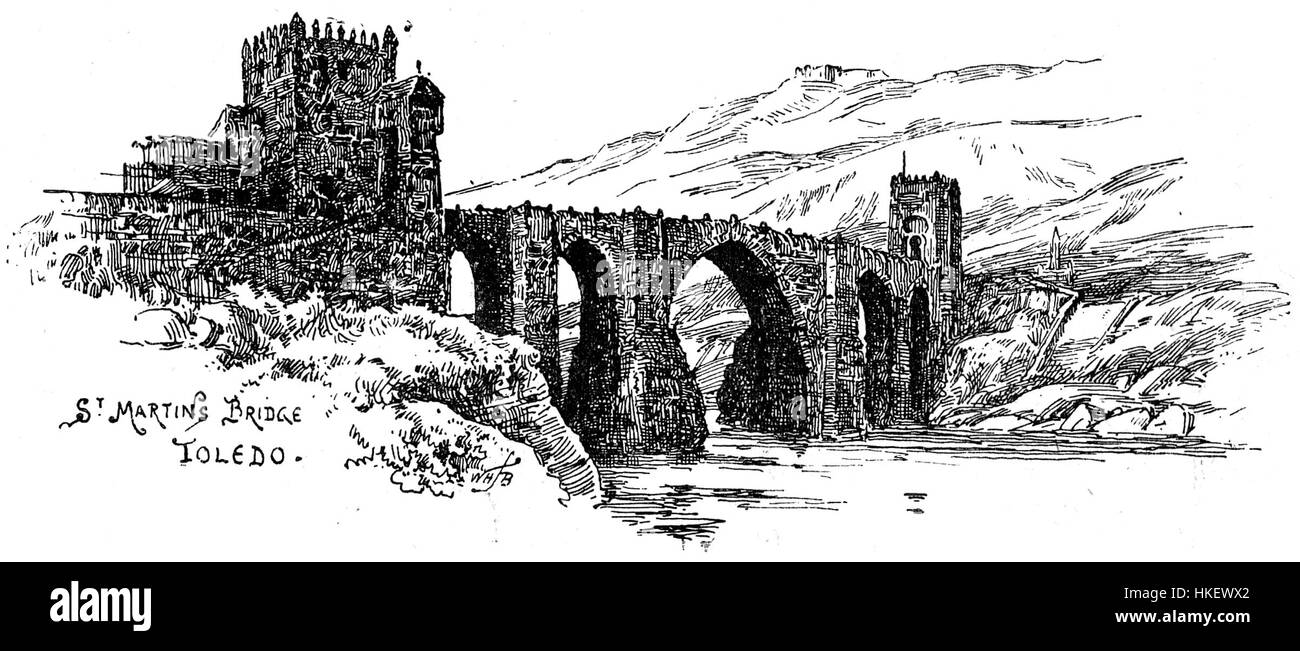 Il dipinto del Ponte di San Martino a Toledo cattura l'iconica struttura con precisione storica. La scena mostra le caratteristiche architettoniche del ponte e la sua importanza per la storia della città. Foto Stock