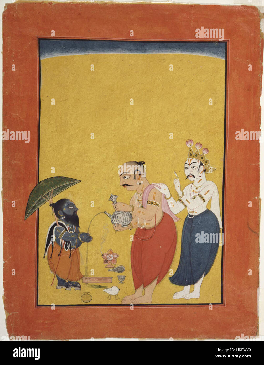 *Vamana Bali Shukra* è un'opera d'arte che raffigura una scena della mitologia indù. Il dipinto illustra la storia di Lord Vamana, che ha sconfitto il re demone Bali. Anche la figura di Shukra, l'insegnante di demoni, è inclusa nella scena. L'opera enfatizza i temi morali dell'umiltà e la battaglia cosmica tra il bene e il male. Foto Stock