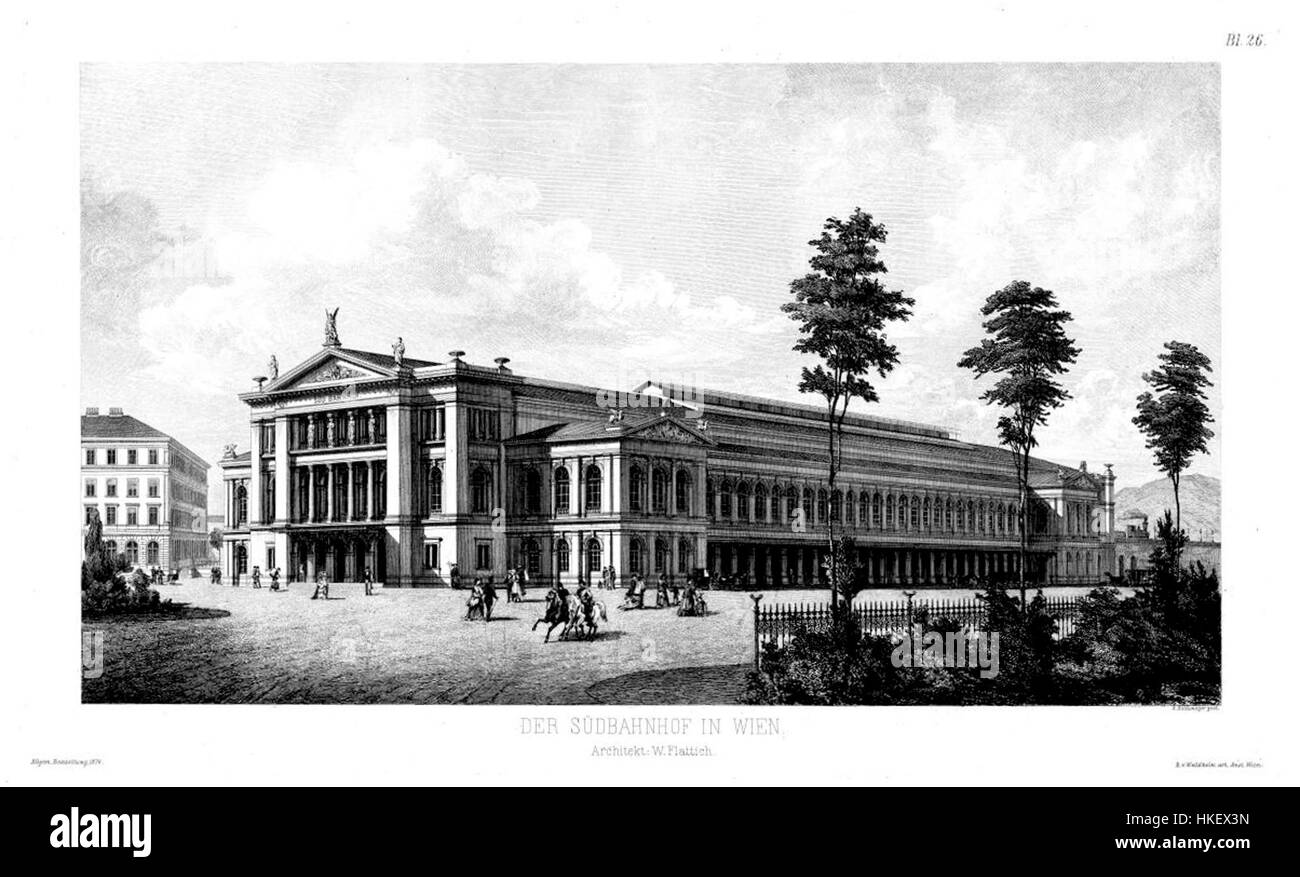 Questo disegno architettonico, *Suedbahnhof Allgemeine Bauzeitung Blatt26*, del 1874, raffigura i piani per una stazione ferroviaria tedesca. Il design riflette lo stile e le innovazioni industriali della fine del XIX secolo, in particolare nelle infrastrutture di trasporto. Foto Stock
