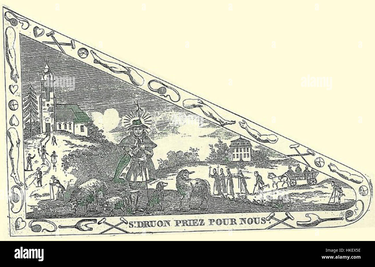 "Sint Druon" può riferirsi a un'opera d'arte che rappresenta un soggetto culturale o storico, possibilmente un ritratto o una scena narrativa. I dettagli che circondano questo lavoro possono riguardare specifiche figure storiche o eventi, con particolare attenzione alla narrazione attraverso mezzi visivi. Foto Stock
