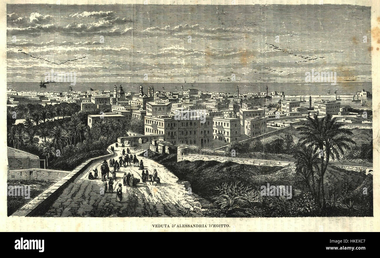 Questo dipinto del 1880 offre una vista dettagliata della moderna città di Alessandria, mostrando la sua architettura e lo sviluppo urbano durante la fine del XIX secolo, riflettendo la crescita della città in quel momento. Foto Stock