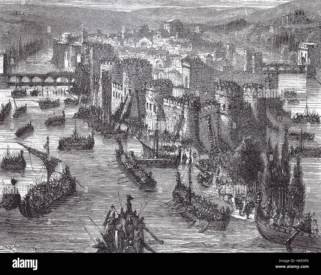 Questo dipinto storico raffigura l'assedio vichingo di Parigi nel 845, un evento fondamentale nella storia medievale europea. L'attacco dei Vichinghi alla città segnò un momento significativo nelle invasioni vichinghe della Francia durante l'alto Medioevo. Foto Stock