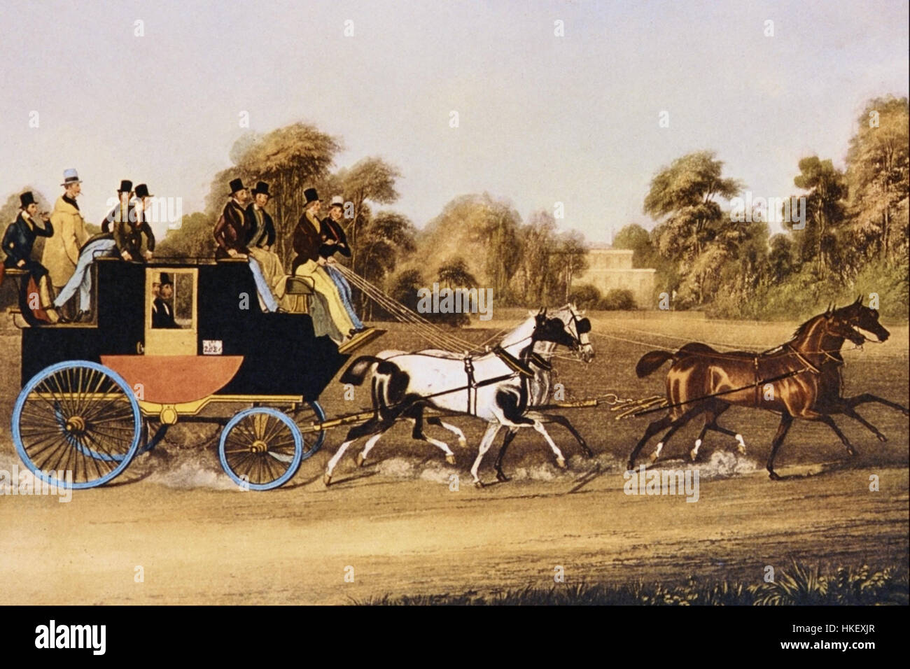 Questo dipinto del XIX secolo di James Pollard raffigura il Taglioni Windsor Coach, una lussuosa carrozza trainata da cavalli. Le opere d'arte catturano l'eleganza del pullman, mostrando il design intricato e la maestria artigianale del veicolo, simbolo di ricchezza e prestigio durante il periodo. Foto Stock
