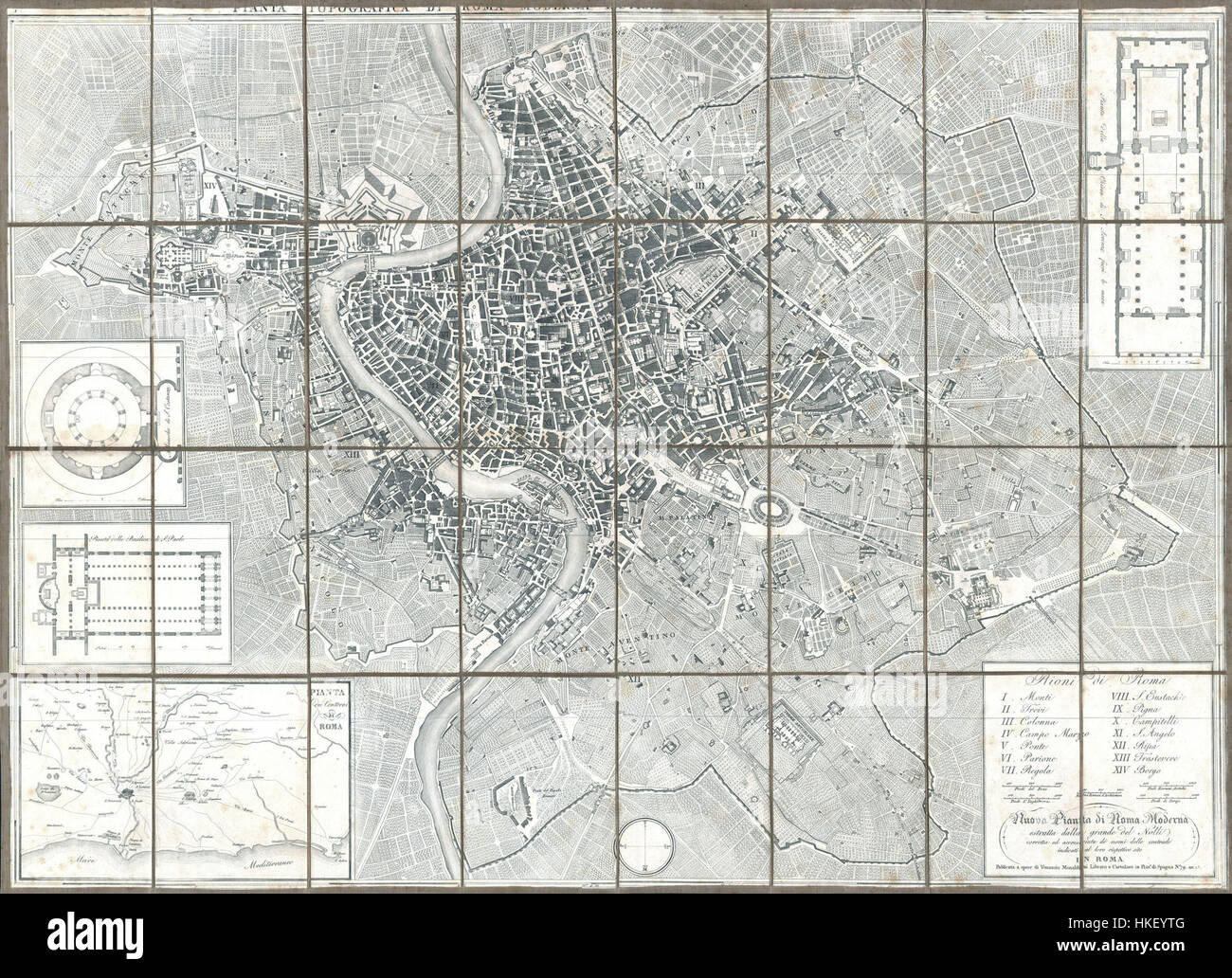 La cartina Monaldini Case del 1843 di Roma fornisce una rappresentazione dettagliata delle strade e dei luoghi di interesse di Roma. La mappa è un documento storico essenziale per comprendere la geografia e lo sviluppo urbano della città nel XIX secolo. Foto Stock
