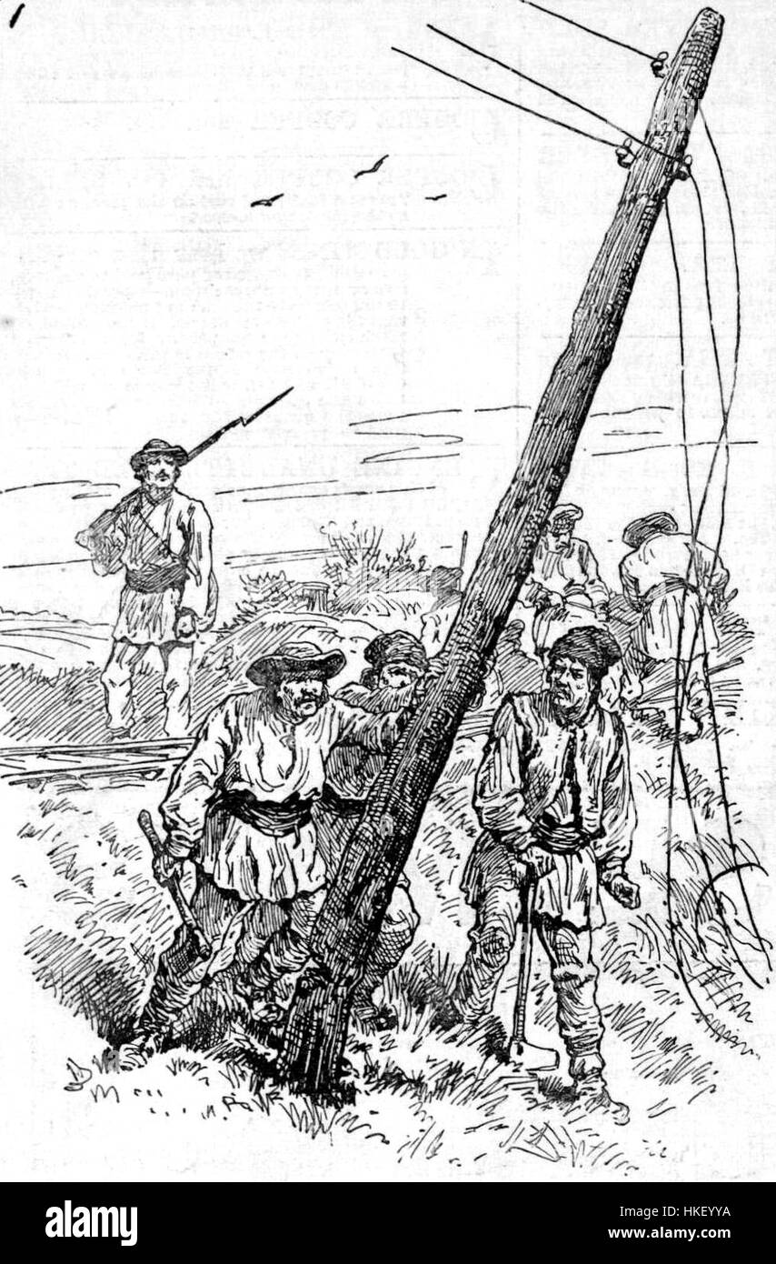 Questo dipinto storico raffigura le rivolte del 1888 in Romania, dove i contadini distrussero le linee ferroviarie e telegrafiche in segno di protesta. La scena evidenzia i disordini civili e la resistenza durante un periodo turbolento della storia rumena. Foto Stock