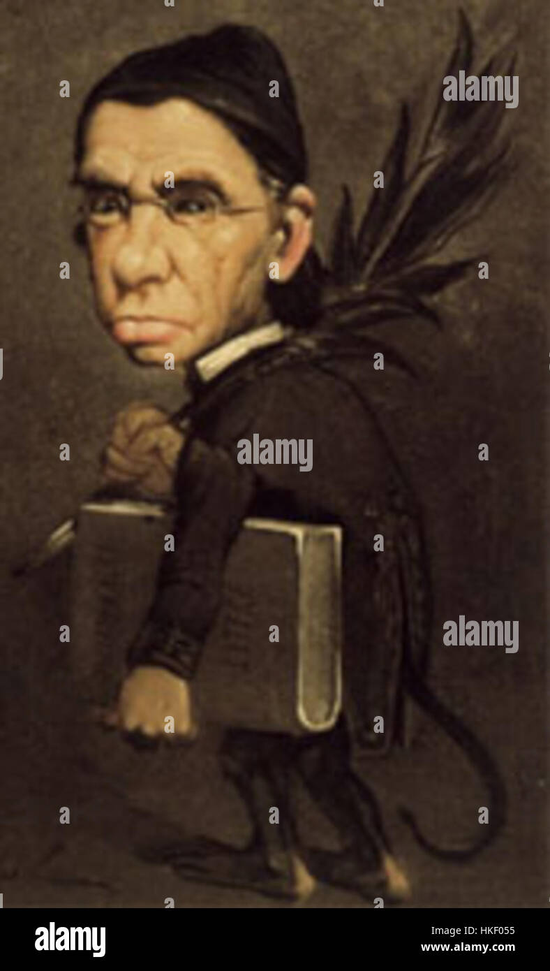 Questa caricatura di Emile Littre raffigura una rappresentazione satirica di una figura storica. Littre, noto per il suo ingegno acuto e la sua precisione artistica, cattura l'essenza del suo soggetto in modo esagerato ma approfondito, utilizzando schizzi e illustrazioni per evidenziare le caratteristiche principali. Foto Stock