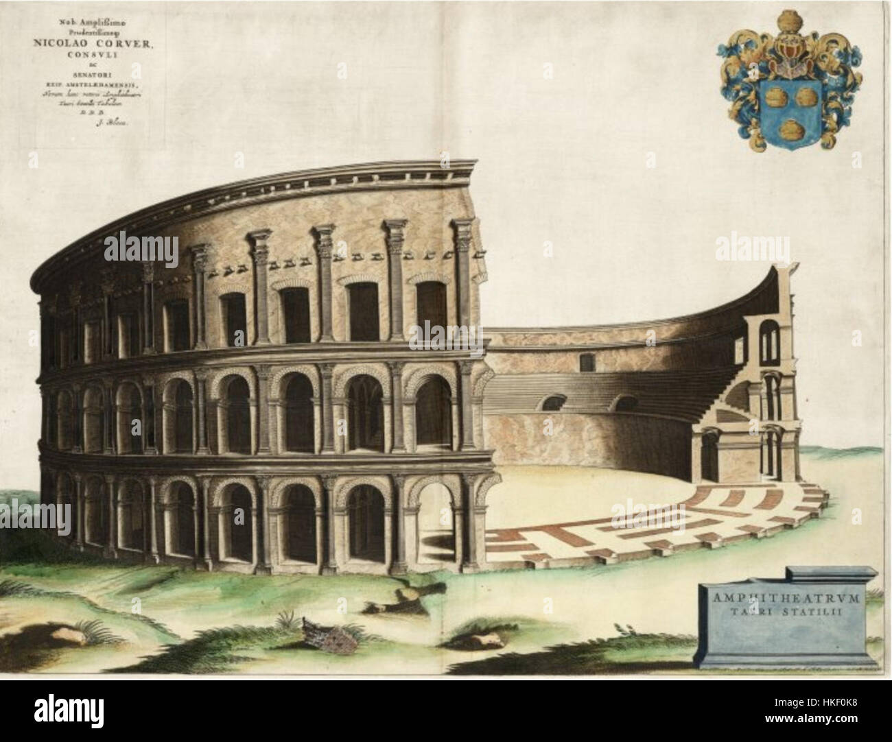 "Amphitheaterum Tauri 1663" è un'incisione raffigurante l'antico anfiteatro romano, una grande struttura utilizzata per concorsi gladiatori e spettacoli pubblici. L'opera enfatizza la scala e il design architettonico dell'arena romana. Foto Stock
