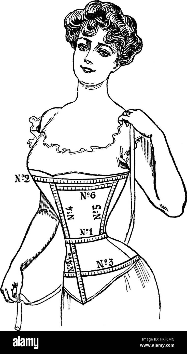 Questa pubblicità vintage di 'Au Bon Marché' presenta corsetti di un grande magazzino francese, che offre uno sguardo sulla moda e la storia del commercio al dettaglio durante la fine del XIX secolo. Foto Stock