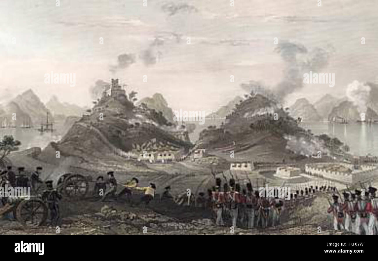 Questo dipinto raffigura l'azione militare che circonda l'attacco e la cattura di Chuenpee. Si concentra sulla rappresentazione dettagliata della battaglia, dei soldati e delle manovre strategiche, incapsulando un momento cruciale nella storia militare. Foto Stock