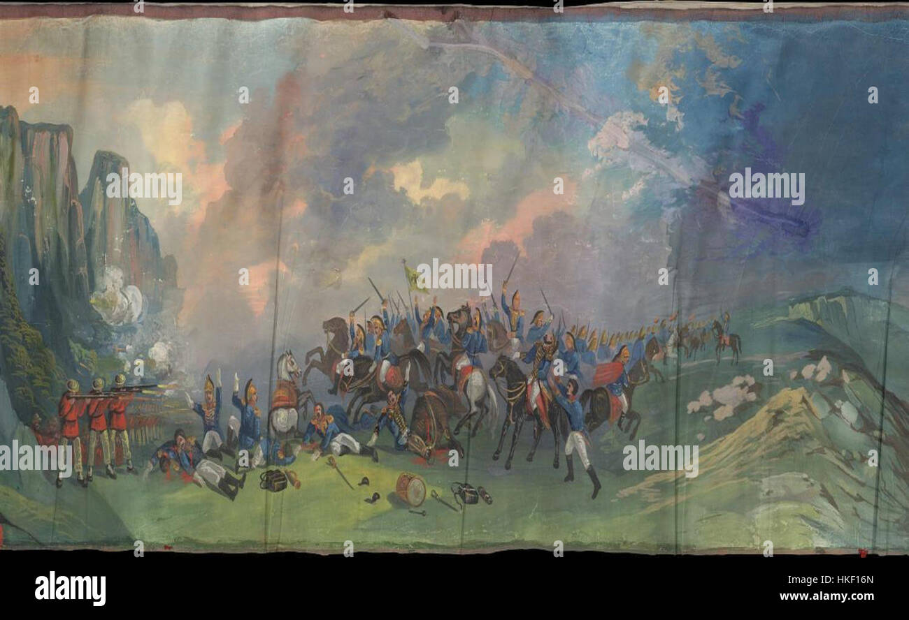 *Attacco degli austriaci* è un dipinto che ritrae un significativo impegno militare che coinvolge le forze austriache. L'opera d'arte cattura l'intensità e il caos della battaglia, concentrandosi sulle espressioni dei soldati e sul paesaggio drammatico. Foto Stock