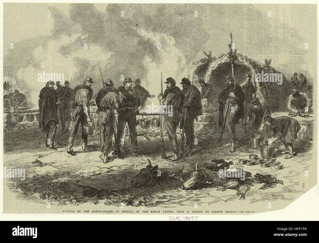 Questo dipinto raffigura le truppe garibalde accampate a Nerola negli stati romani, mostrando un momento chiave nel processo di unificazione italiana nel XIX secolo. Foto Stock