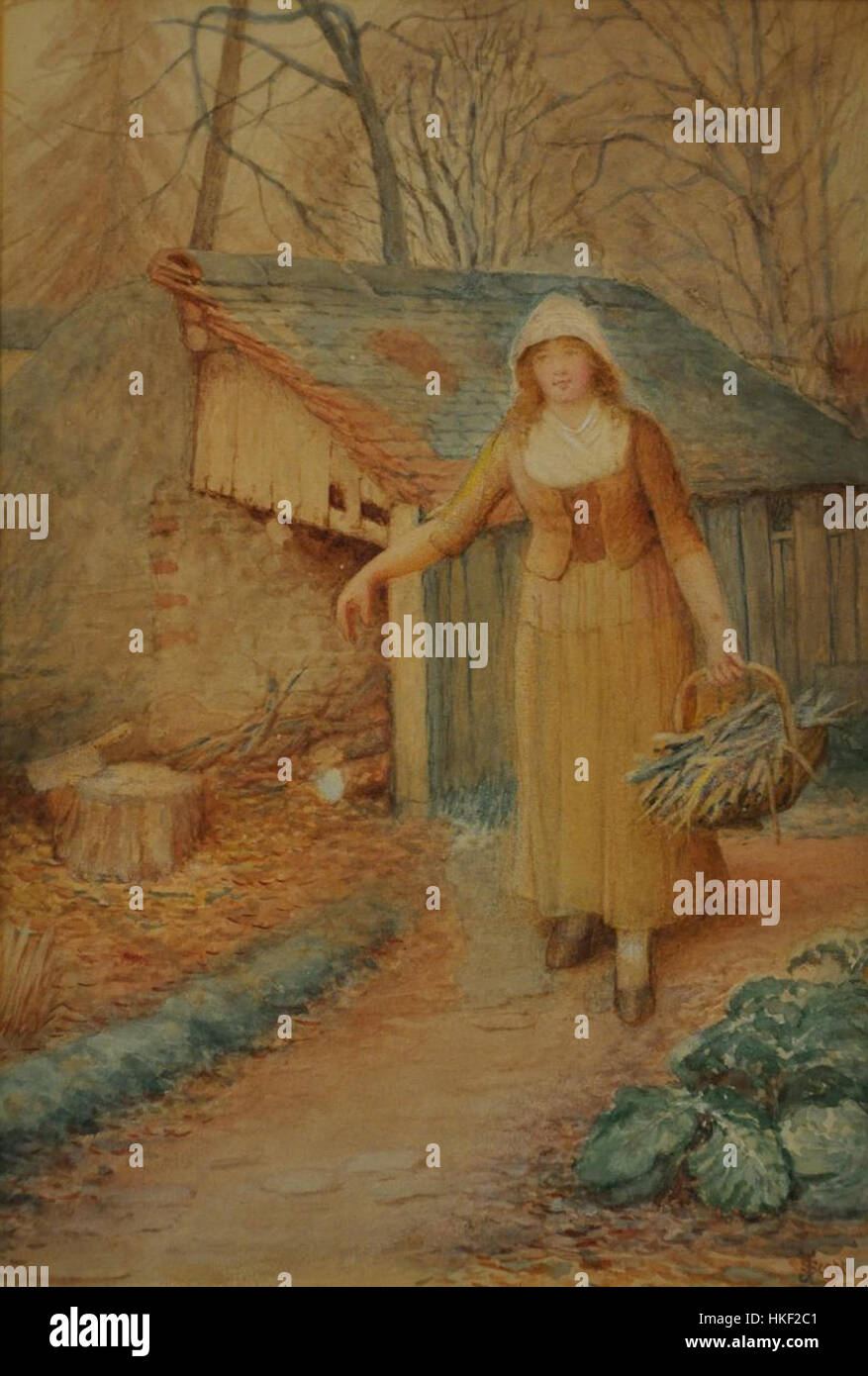 Questo dipinto raffigura una scena rurale di una figura che si accende, illustrando la semplicità e la vita quotidiana di un'epoca passata. L'artista cattura il soggetto con sottili effetti di luce ed ombra, aggiungendo profondità all'ambiente pastorale. Foto Stock