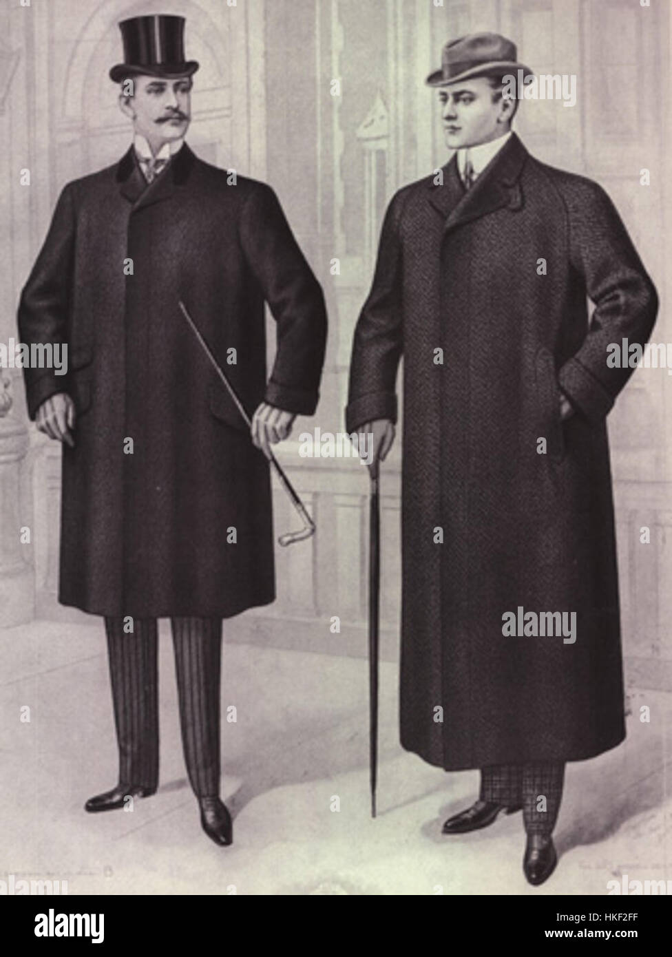 Questo dipinto vintage del dicembre 1900 presenta un'interpretazione dell'artista dei disegni di abbigliamento dei primi anni del XX secolo, che riflette le tendenze della moda del tempo. Foto Stock