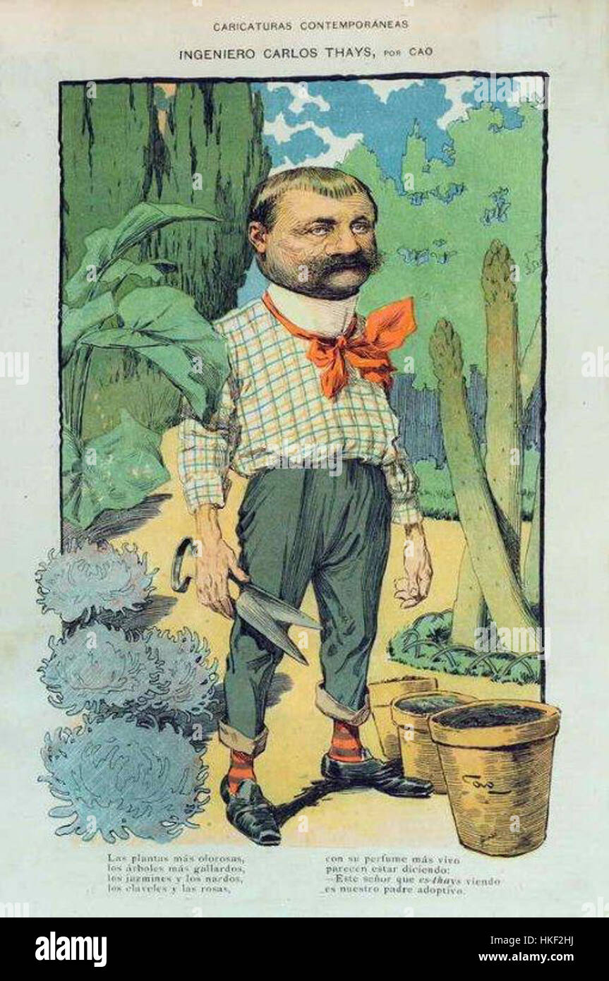 Carlos Thays ha contribuito alla serie "Caras y caretas", nota per il suo approccio dettagliato e stilistico nel ritrarre figure sociali e politiche. La sua arte riflette una miscela di commento sociale e finezza artistica, catturando l'essenza delle figure e dei momenti che egli rappresenta. Foto Stock