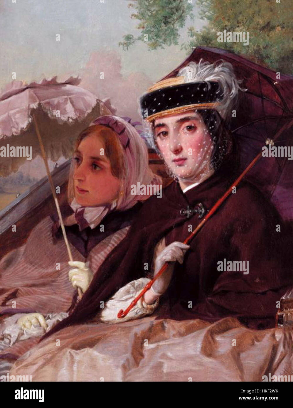 "Carriage Ride" è una classica rappresentazione del tempo libero aristocratico, che mostra figure in una lussuosa carrozza trainata da cavalli. Il dipinto mette in risalto l'eleganza del tempo, catturando la raffinata vita sociale della classe superiore durante il XIX secolo. Foto Stock