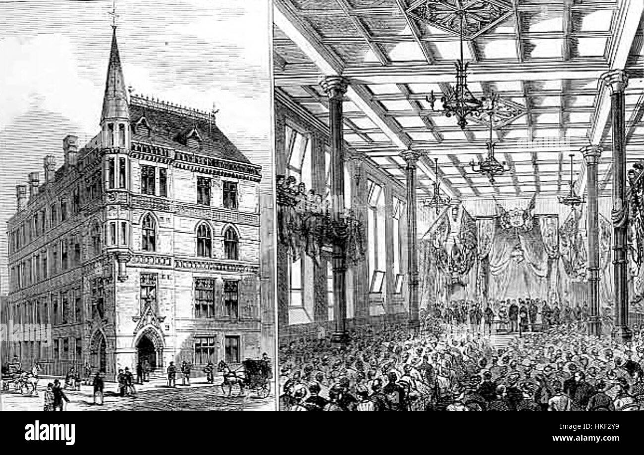 Questa opera d'arte storica rappresenta il City of London College nel 1883, mettendo in risalto lo stile architettonico del periodo e offrendo uno sguardo all'atmosfera educativa della fine del XIX secolo. Foto Stock