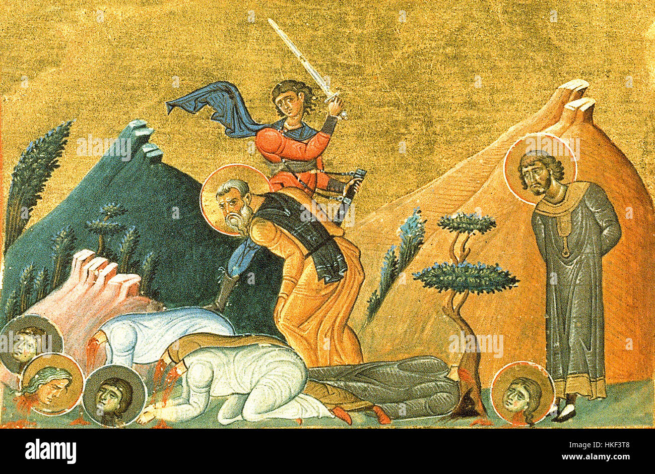 Affreschi raffiguranti Ciro e Giovanni d'Alessandria, trovati nel Menologion di Basilio II. Queste opere d'arte religiose riflettono l'iconografia storica cristiana e le tradizioni artistiche bizantine, illustrando figure chiave dell'antica Alessandria. Foto Stock