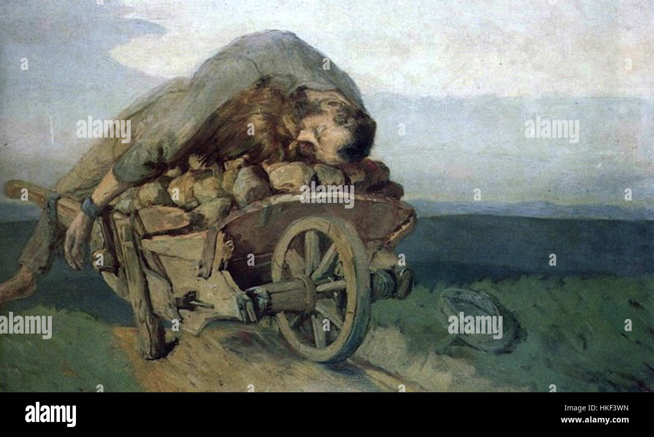 Questo dipinto, "morte sul corvo", ritrae una scena drammatica con una persona sdraiata su un corvo funebre. Il lavoro esplora temi di mortalità e morte, raffigurati con intensità emotiva in un ambiente oscuro. Foto Stock