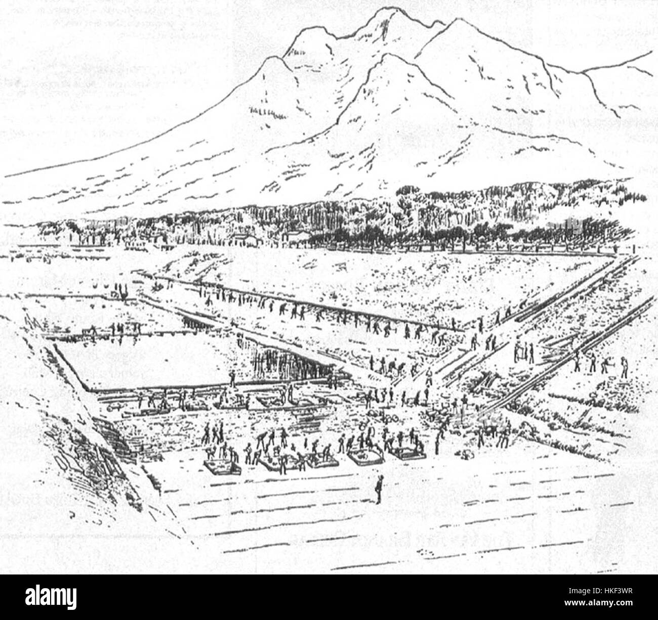 Questa opera d'arte ritrae la costruzione della diga di Molteno a Colonia del Capo, nel 1878, catturando le prime fasi di questo significativo progetto di ingegneria. Il dipinto mette in evidenza lo sviluppo industriale del Sudafrica alla fine del XIX secolo. Foto Stock