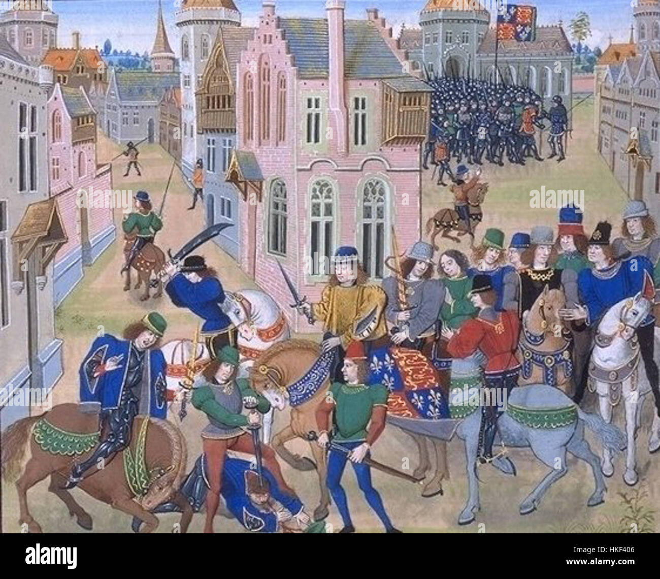 Questo dipinto storico raffigura la morte di Wat Tyler, una figura chiave nella rivolta dei contadini del 1381, come riportato dal cronista Jean Froissart. La scena è una rappresentazione drammatica del momento cruciale della rivolta. Foto Stock