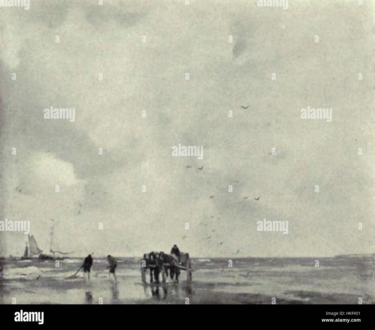 Jacob Maris" "i raccoglitori di conchiglie" esemplifica la pittura olandese del XIX secolo. Questo lavoro riflette la maestria olandese del paesaggio e della pittura di genere, catturando i momenti tranquilli e introspettivi della vita quotidiana sulla costa. Foto Stock