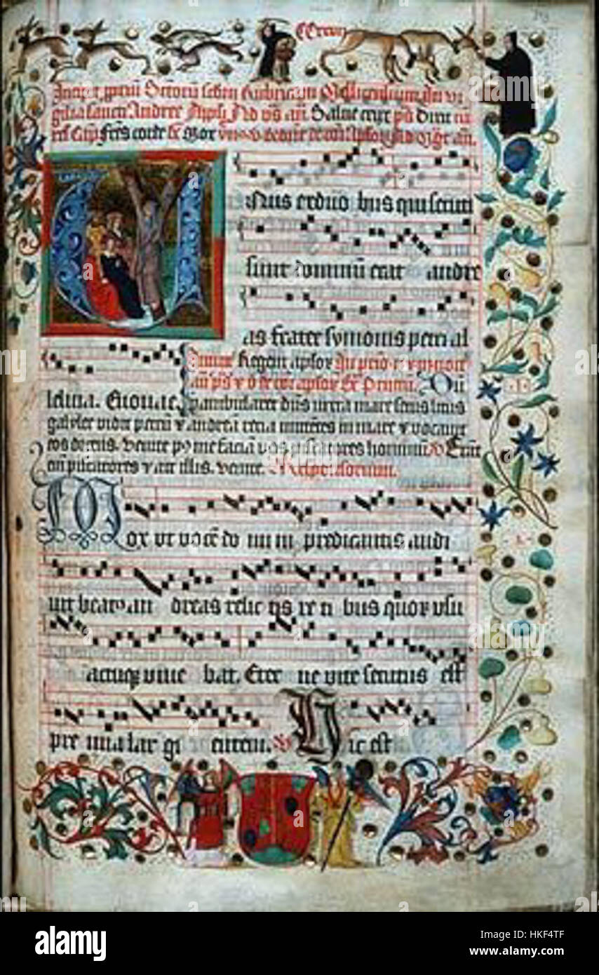 Il 'Fest des hl. Andreas' è una pagina di manoscritti miniati del Lorcher Chorbuch, con una raffigurazione della festa di Sant'Andrea. L'opera comprende lo stemma dell'abate Sitterich e fa parte di una significativa collezione ospitata nel WLB di Stoccarda. Foto Stock