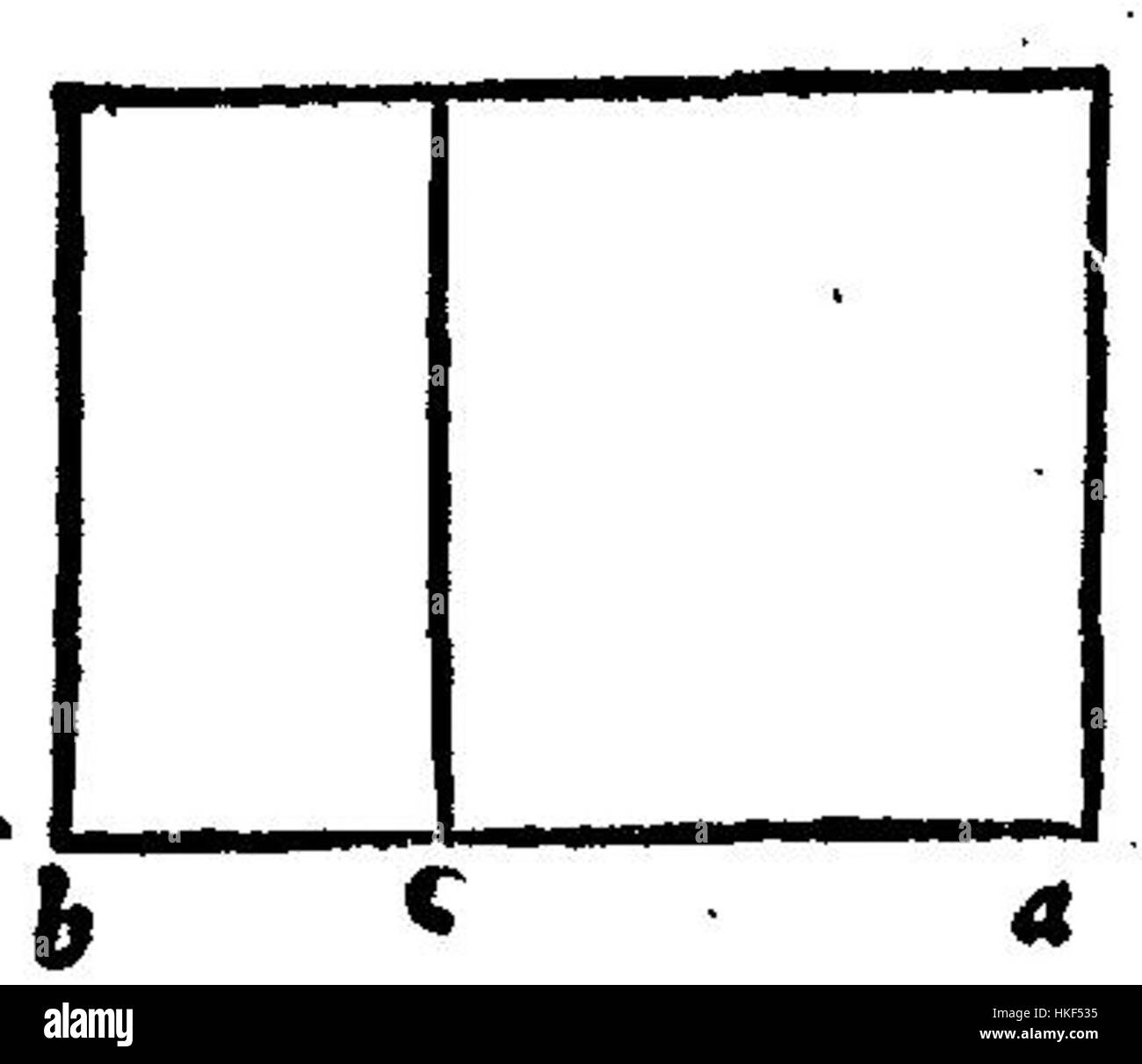 Euclide 043v è una pagina di un manoscritto del XV secolo, che mostra un diagramma matematico relativo alla geometria euclidea. Dimostra l'eredità duratura del lavoro di Euclide, in particolare i suoi contributi alla comprensione della geometria e del pensiero matematico, che influenzarono molte generazioni di studiosi e matematici. Foto Stock