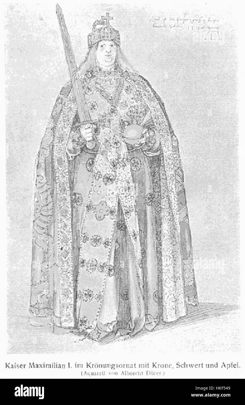 Questo ritratto di Massimiliano i cattura l'imperatore del Sacro Romano Impero in una posa formale e regale. Il dipinto riflette il potere e lo status del monarca, caratteristica della ritrattistica del XVI secolo. Il regno di Massimiliano fu fondamentale nel plasmare il futuro della politica europea. Foto Stock
