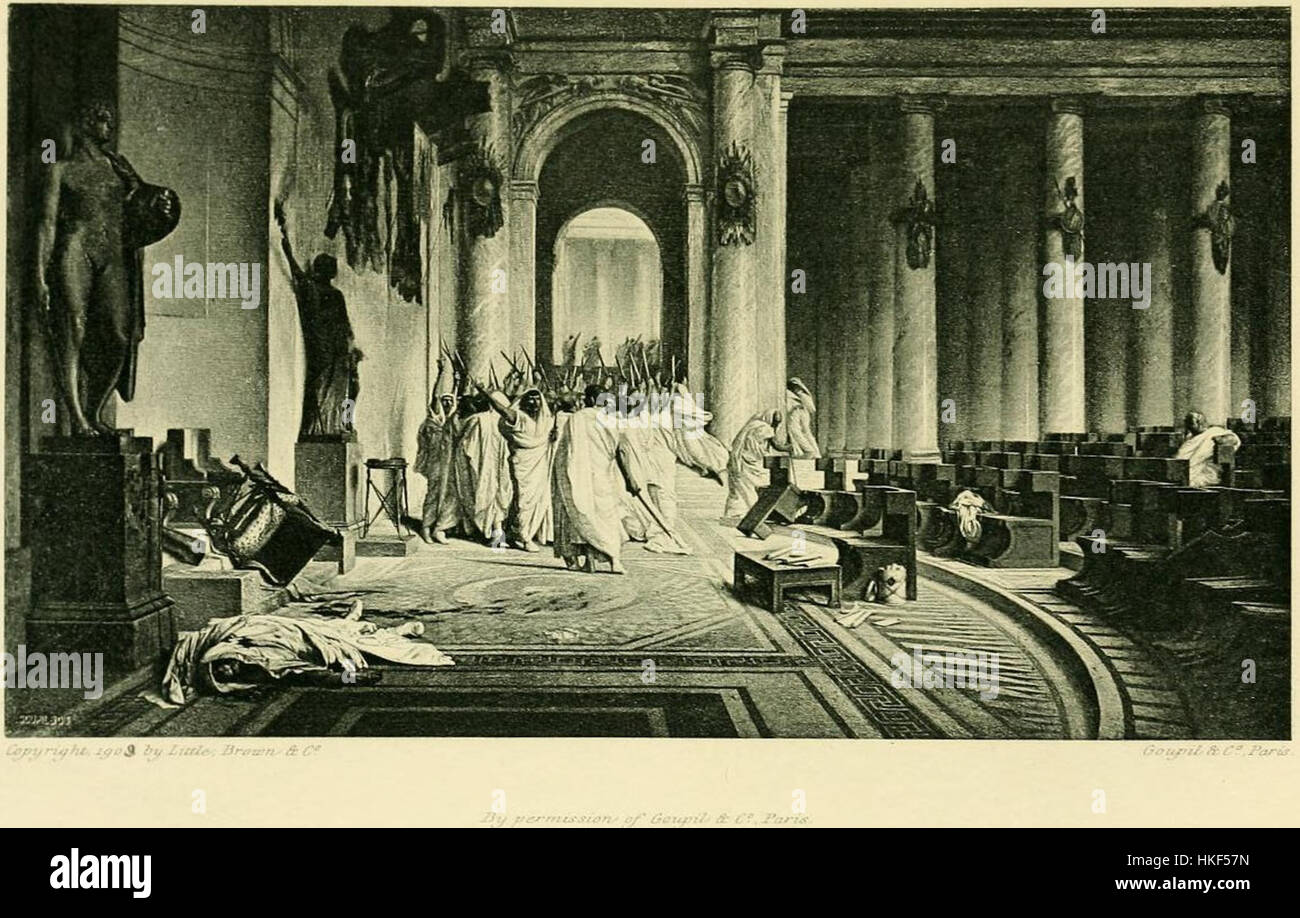 Il dipinto di Gerome Goupil "morte di Cesare" raffigura il momento drammatico dell'assassinio di Giulio Cesare. Il pezzo cattura l'intensità del tradimento politico e il caos che ne seguì, in stile classico. Foto Stock