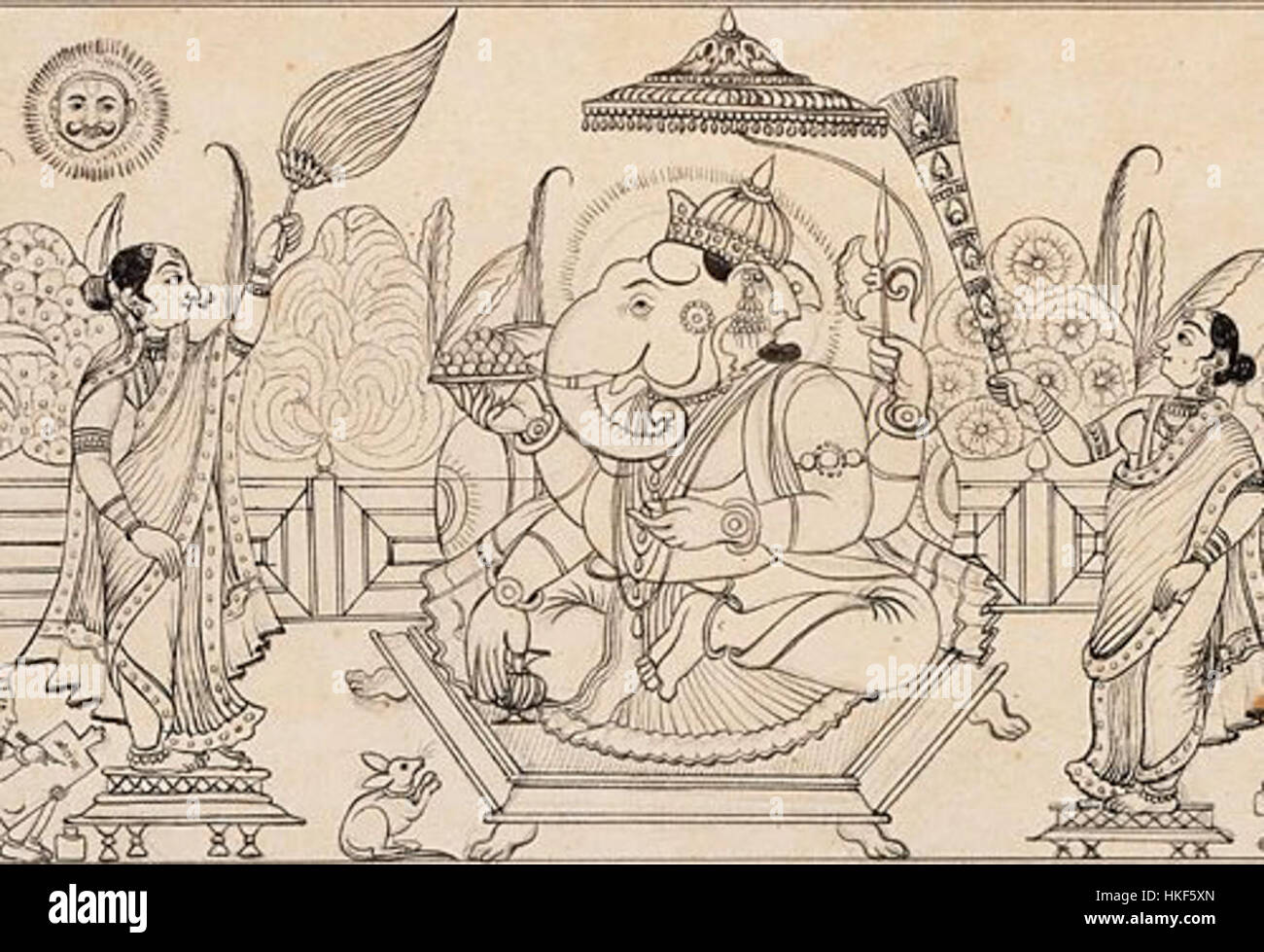 Un tradizionale disegno a inchiostro di Ganesha, che simboleggia saggezza, prosperità e rimozione degli ostacoli nella cultura indù. La semplicità dell'arte a inchiostro contrasta con la profondità spirituale associata a questa venerata divinità. Foto Stock