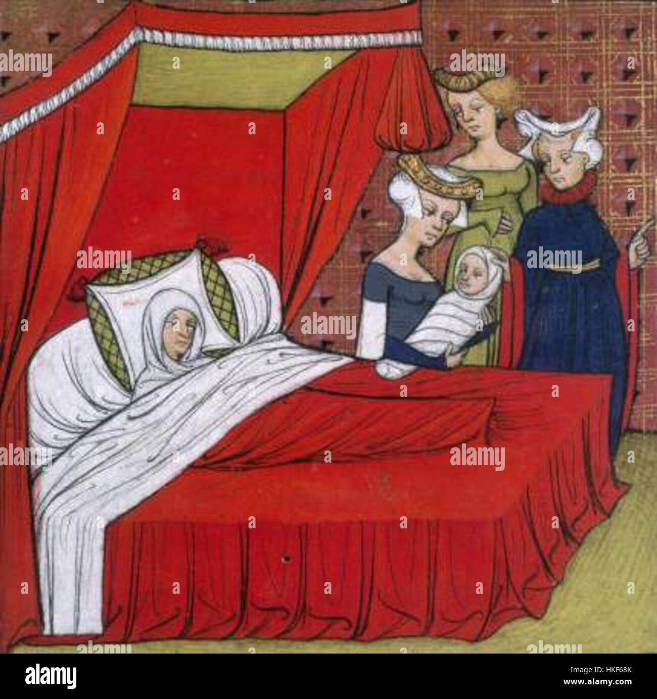 Questa miniatura raffigura la nascita del re Luigi VIII, un evento storico della Francia medievale. La delicata opera d'arte cattura la nascita reale con dettagli intricati, riflettendo l'arte e il significato culturale del periodo. Foto Stock