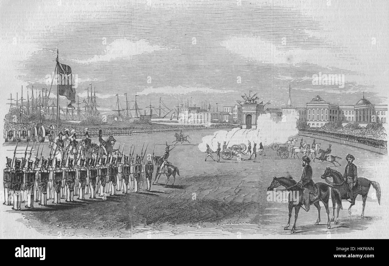 Questo dipinto storico raffigura un grande giorno di campo a Calcutta, mostrando la presenza coloniale britannica e le esposizioni militari nell'India del XIX secolo, catturando le pratiche cerimoniali e culturali del tempo. Foto Stock Questo dipinto storico raffigura un grande giorno di campo a Calcutta, mostrando la presenza coloniale britannica e le esposizioni militari nell'India del XIX secolo, catturando le pratiche cerimoniali e culturali del tempo. Foto Stock