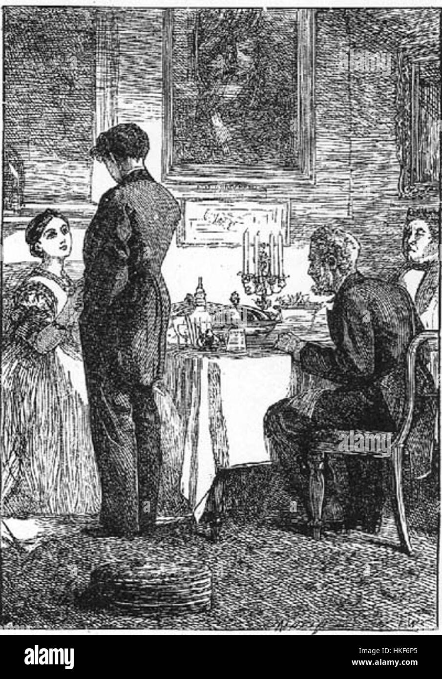 "Harthouse Dining at the Bounderbys" di Fred Walker cattura un momento chiave del romanzo di Charles Dickens "tempi duri", raffigurante il personaggio di Harthouse che interagisce con la famiglia Bounderby in un ambiente raffinato. Foto Stock
