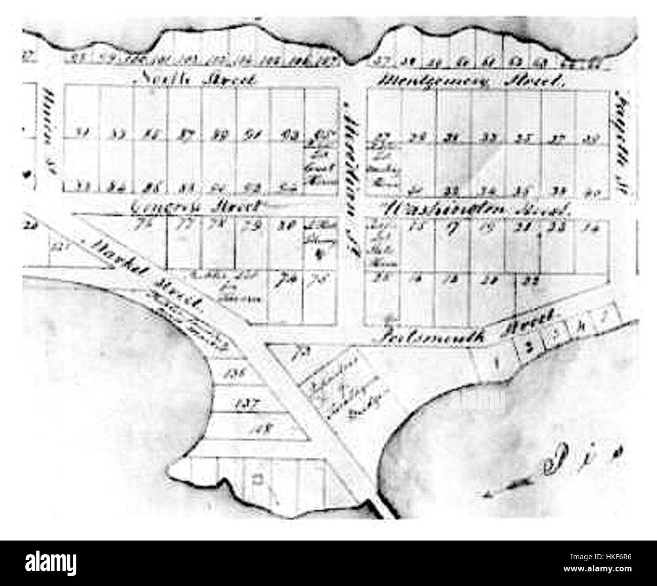 Questa prima mappa di Franklin, New Hampshire, disegnata intorno al 1797 da Benjamin Dearborn, fornisce un dettagliato piano della città dalla fine del XVIII secolo. Illustra lo sviluppo della città e del suo paesaggio circostante, offrendo approfondimenti sulle prime infrastrutture e sulla struttura della città. Foto Stock