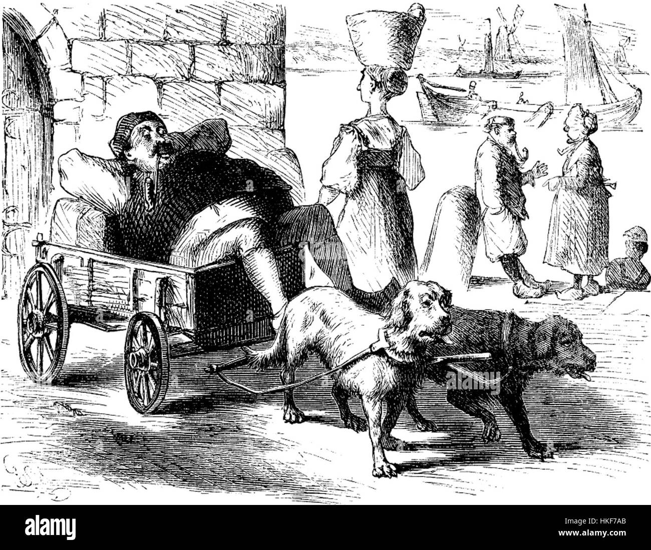 Questo dipinto intitolato "Fisherman and Dog Cart" rappresenta una tradizionale scena olandese, con un pescatore e un carro per cani a l'Aia. L'opera riflette lo stile di vita e gli elementi culturali dei Paesi Bassi durante il XIX secolo. Foto Stock