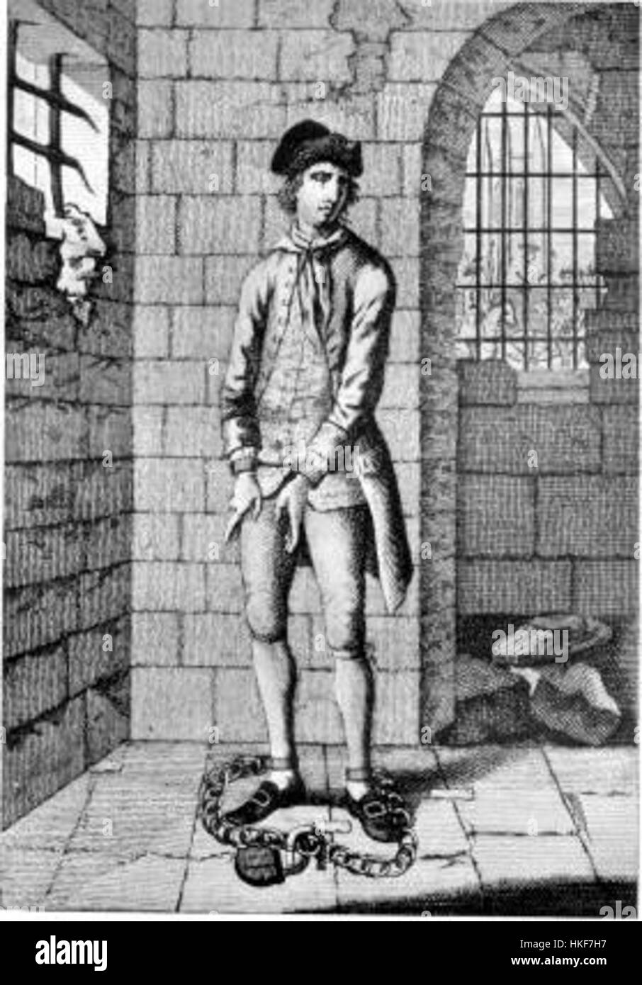 Questa opera d'arte ritrae Jack Sheppard, una famigerata figura dell'Inghilterra del XVIII secolo, nota per le sue audaci evasioni dalla prigione. Il dipinto cattura il carattere ribelle e la vita drammatica di Sheppard, raffigurando un momento della sua carriera criminale. La sua storia divenne una nota parte del folklore inglese, simboleggiando la sfida e la resistenza contro l'autorità. Foto Stock