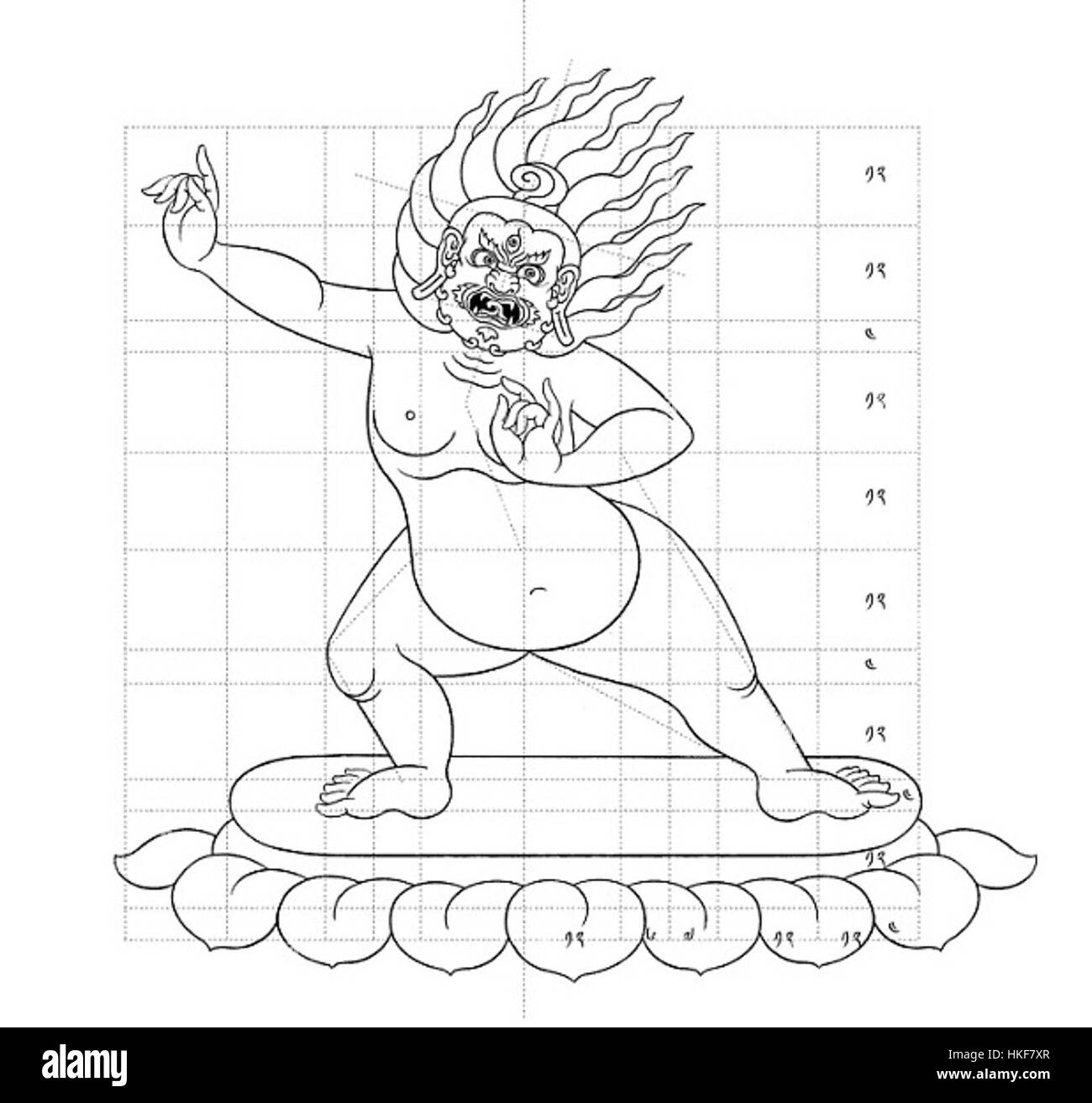 Questa opera d'arte esplora l'iconometria di Vajrapani, una figura importante dell'iconografia buddista. Il pezzo analizza visivamente le caratteristiche e gli attributi simbolici associati a Vajrapani, una divinità custode della tradizione buddista, sottolineando il suo ruolo potente e protettivo. Foto Stock