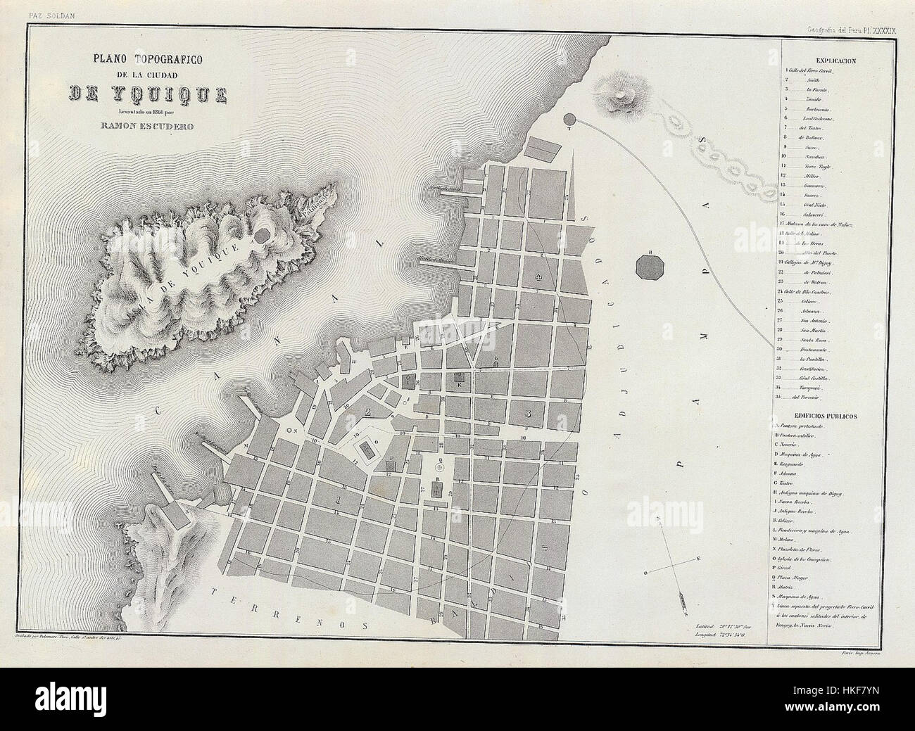 Questa mappa storica del 1861 mostra Iquique, una città costiera nel nord del Cile. La mappa fornisce preziose informazioni sulla struttura della città e sul suo sviluppo durante il XIX secolo, evidenziando l'importante porto e la geografia circostante. Foto Stock