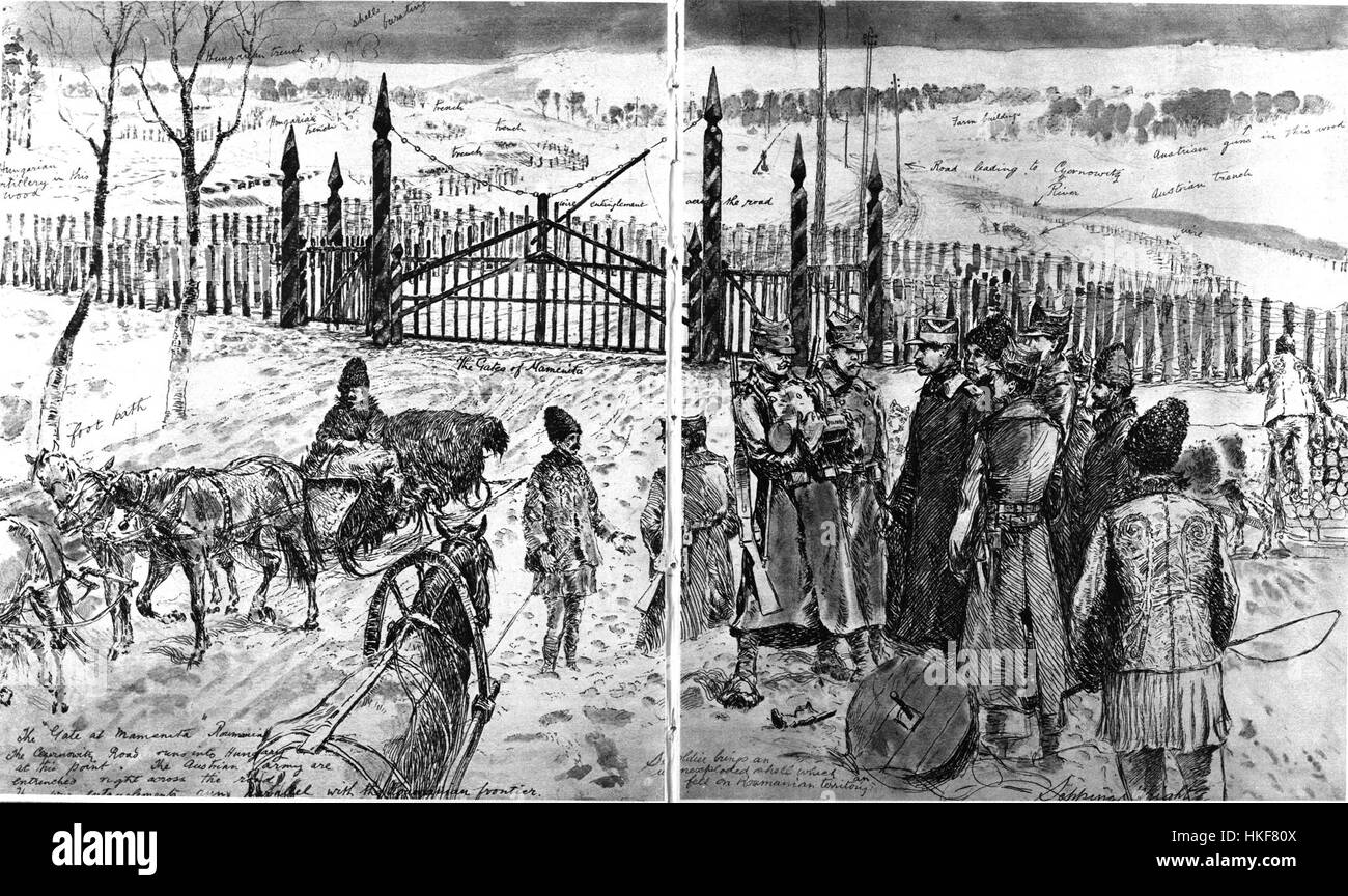 Questa opera d'arte raffigura una scena storica di personale militare che ispeziona un guscio inesploso in territorio rumeno, probabilmente durante la prima guerra mondiale. Cattura i pericoli e le realtà del tempo di guerra. Foto Stock