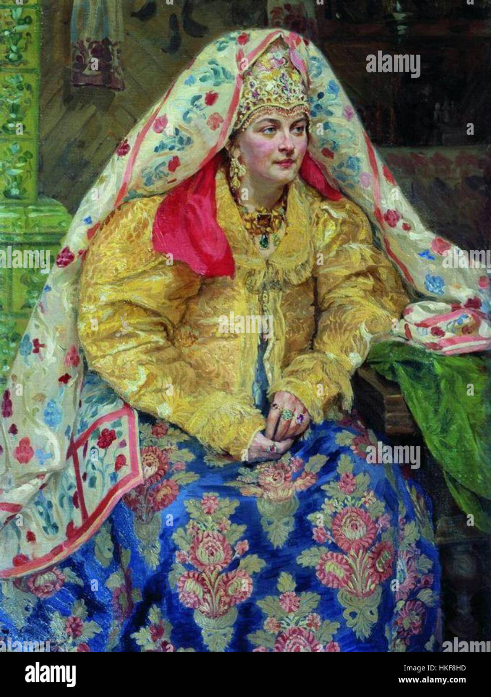 Il dipinto di Kulikov del 1916 ritrae l'abito russo all'inizio del XX secolo, concentrandosi sui dettagli intricati dell'abbigliamento tradizionale russo e sul significato culturale dell'abbigliamento durante questo periodo. Foto Stock