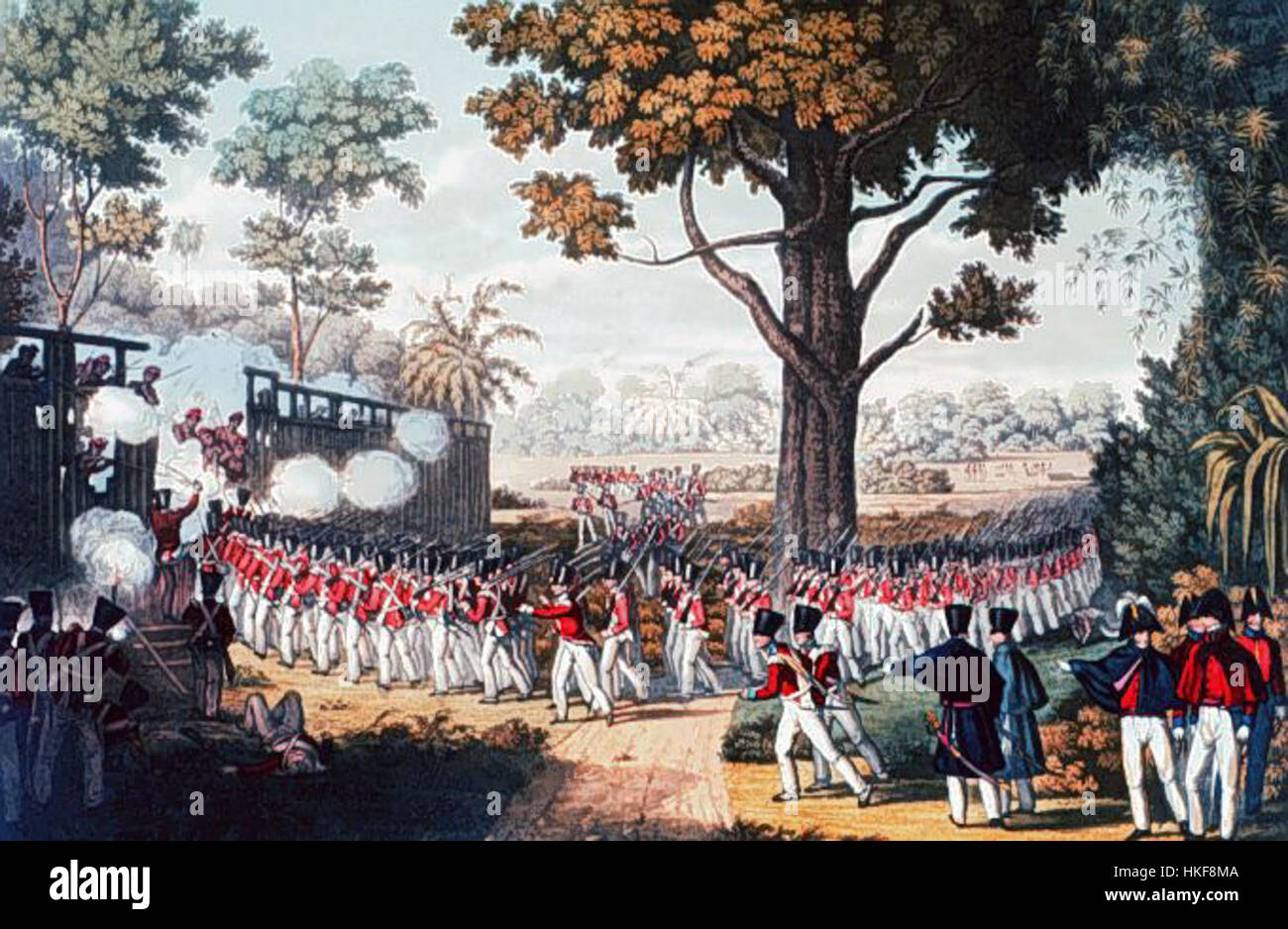 L'attacco di Kemmendine del 1824 fu un significativo conflitto militare all'inizio del XIX secolo. L'evento è raffigurato in varie opere d'arte che riflettono l'intensità e l'importanza storica della battaglia, mostrando la strategia militare, il contesto storico e le figure coinvolte nel confronto. Foto Stock