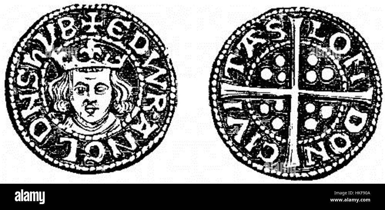 Questa moneta medievale, il Penny di Edoardo i, rappresenta la valuta usata durante il regno di Edoardo i d'Inghilterra, nota per le sue riforme legali e le sue campagne militari tra la fine del XIII e l'inizio del XIV secolo. Foto Stock
