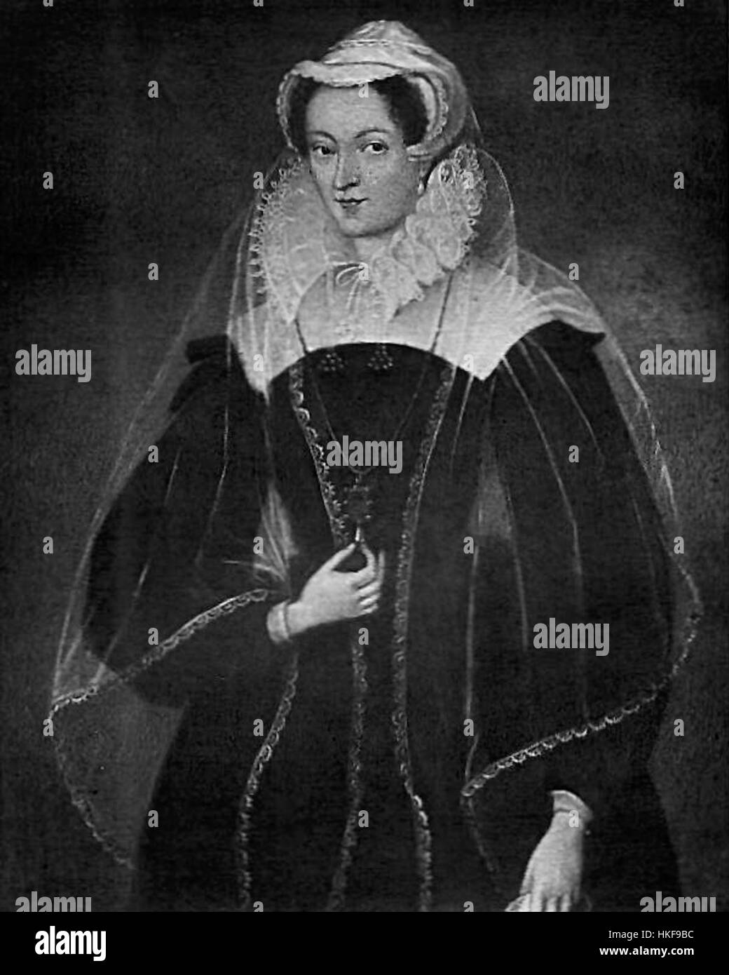 Questa opera d'arte intitolata "Mary Stuart" è una rappresentazione storica di Maria, regina di Scozia. Il dipinto cattura il suo aspetto dignitoso, spesso raffigurato con elementi simbolici che riflettono il suo tumultuoso regno e la tragica vita. Foto Stock