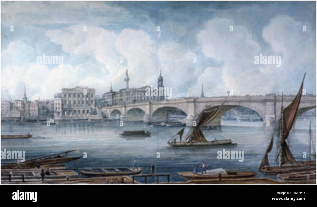 "London Bridge" di George Yates, dipinto intorno al 1832, raffigura il famoso ponte di Londra all'inizio del XIX secolo. L'opera d'arte cattura l'architettura e la vivace scena del ponte, mostrando un momento nello sviluppo urbano e nel paesaggio storico di Londra. Foto Stock