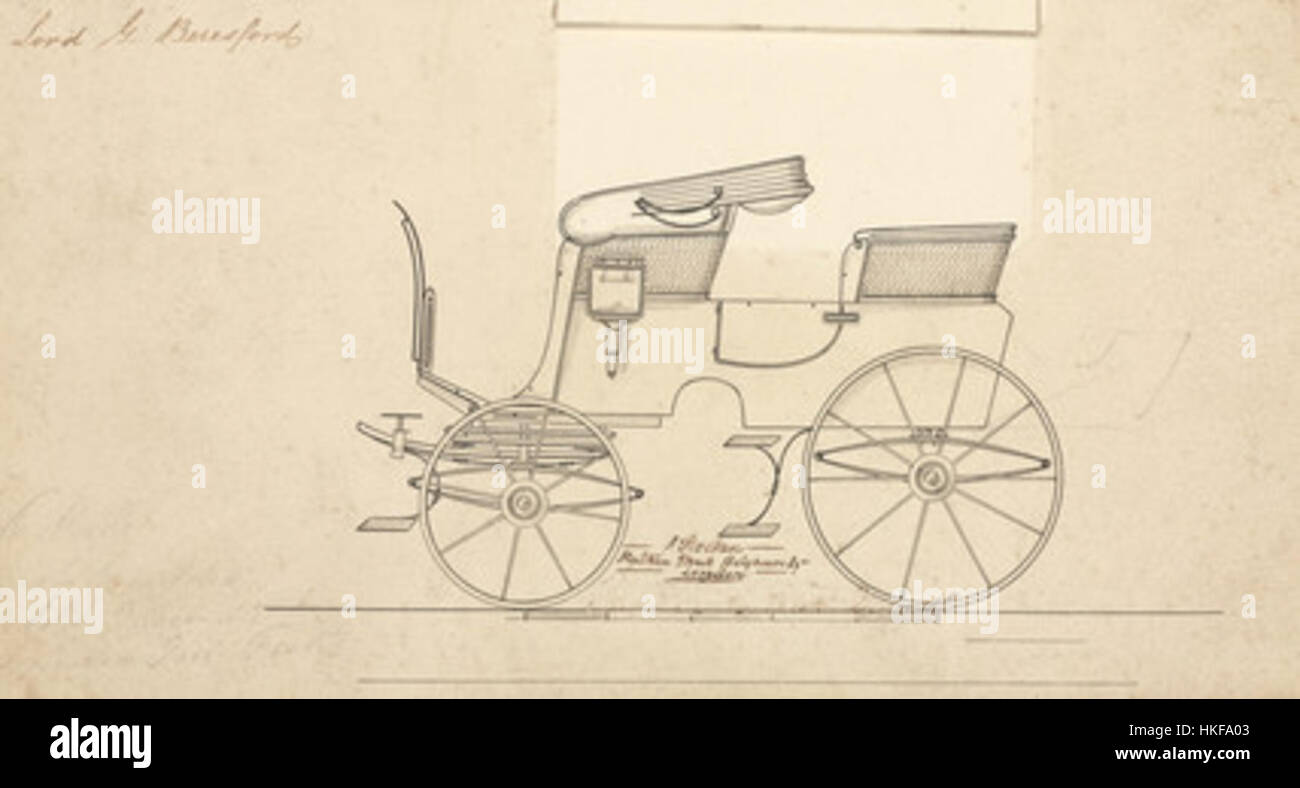 Questo dipinto raffigura la lussuosa carrozza di Lord Beresford della metà del XIX secolo. Le opere d'arte mettono in risalto il design ornato e l'artigianato tipico del trasporto dell'alta società del tempo, riflettendo l'eleganza e la ricchezza associate all'aristocrazia britannica. Foto Stock