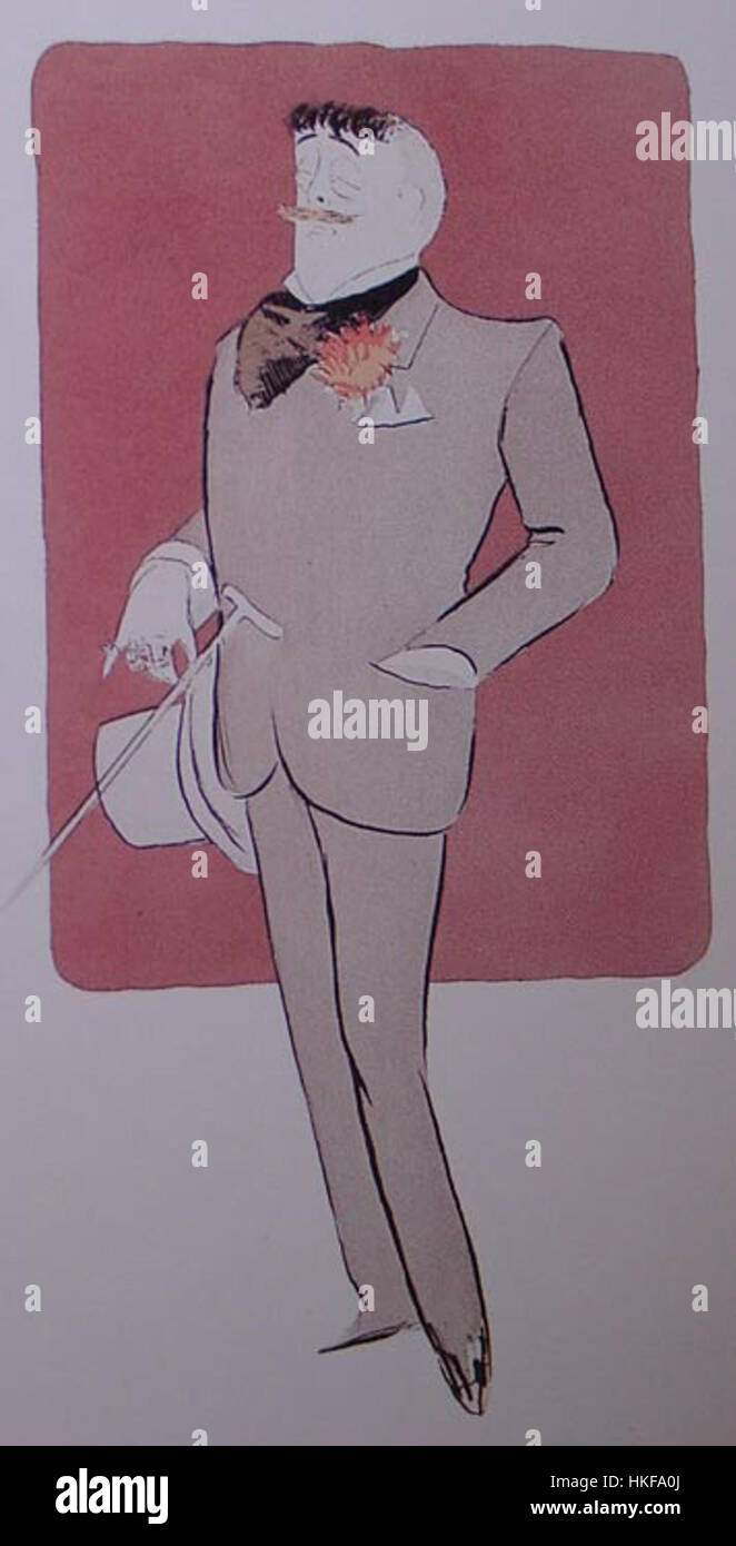 Una caricatura di Sem (Georges Goursat) dell'artista Jean Lorrain, che cattura l'essenza della ritrattistica francese e della satira sociale dell'epoca. L'opera riflette la personalità e l'influenza letteraria di Lorrain durante la fine del XIX secolo. Foto Stock